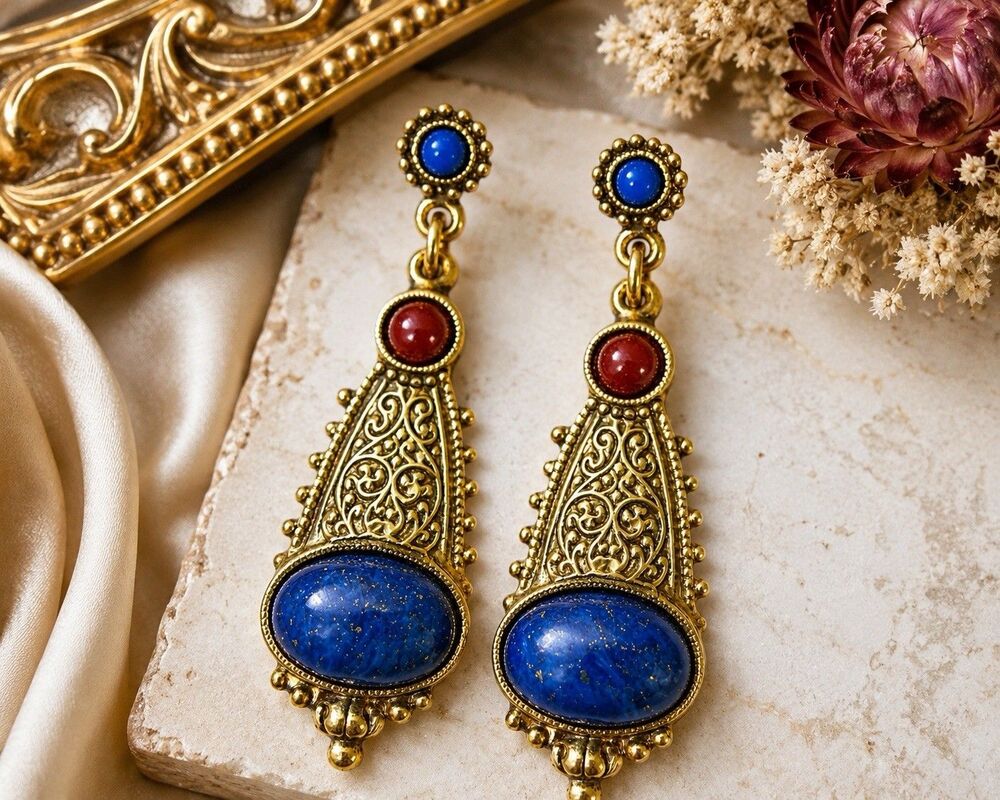 Vintage 1928 Byzantine Filigree Earrings Gold Tone Blue Faux Lapis Cabochon
